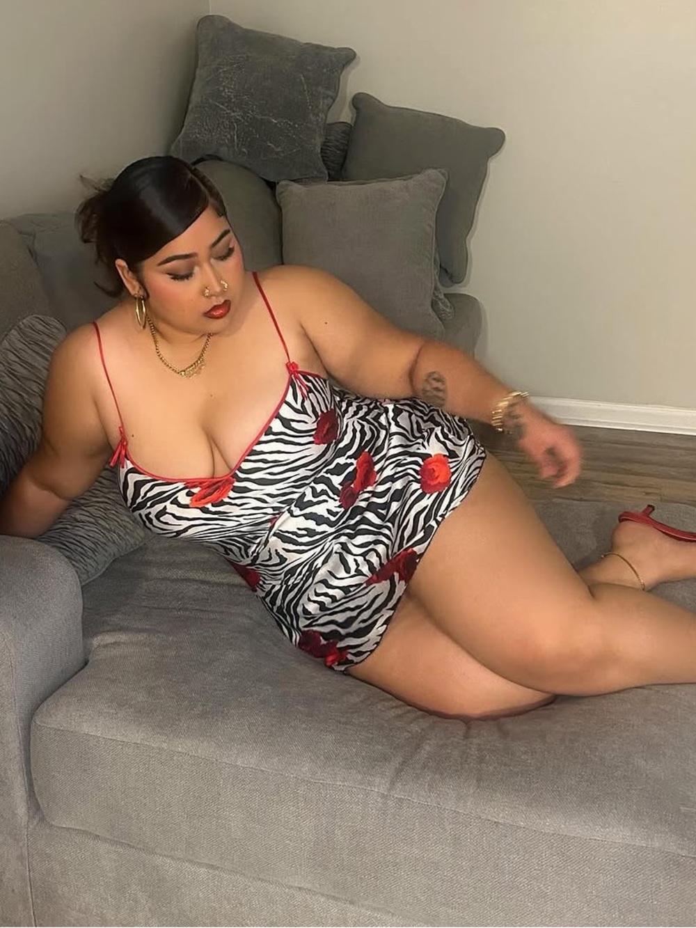 Zebra Print Satin Chemise with Red Rose Accents - Plus Size